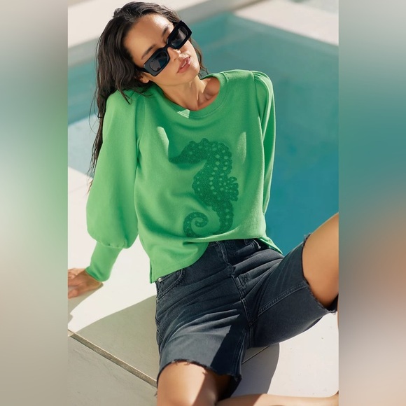 Maeve Seahorse Tufted Sweatshirt Green size Medium - Picture 1 of 15